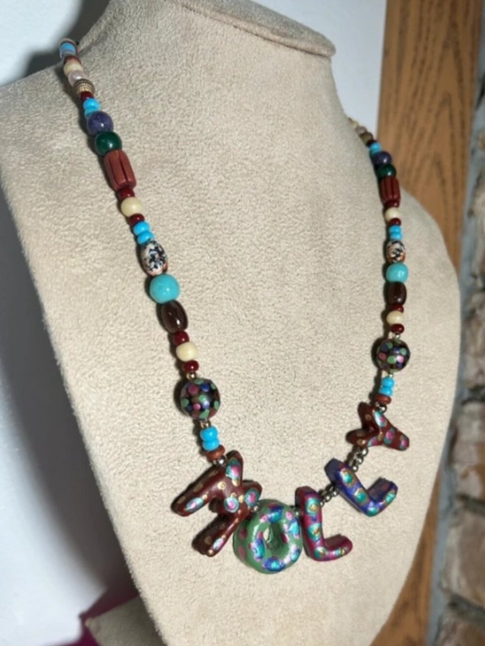Vintage Hand-Painted Clay Ceramic "MOLLY" Name Statement Beaded Necklace
